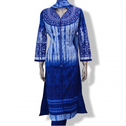 Fair Lady’s New Fashionable Shalwar Kameez with Cotton Indigo Print and tie dye along with Tie Dye Cotton Dupatta